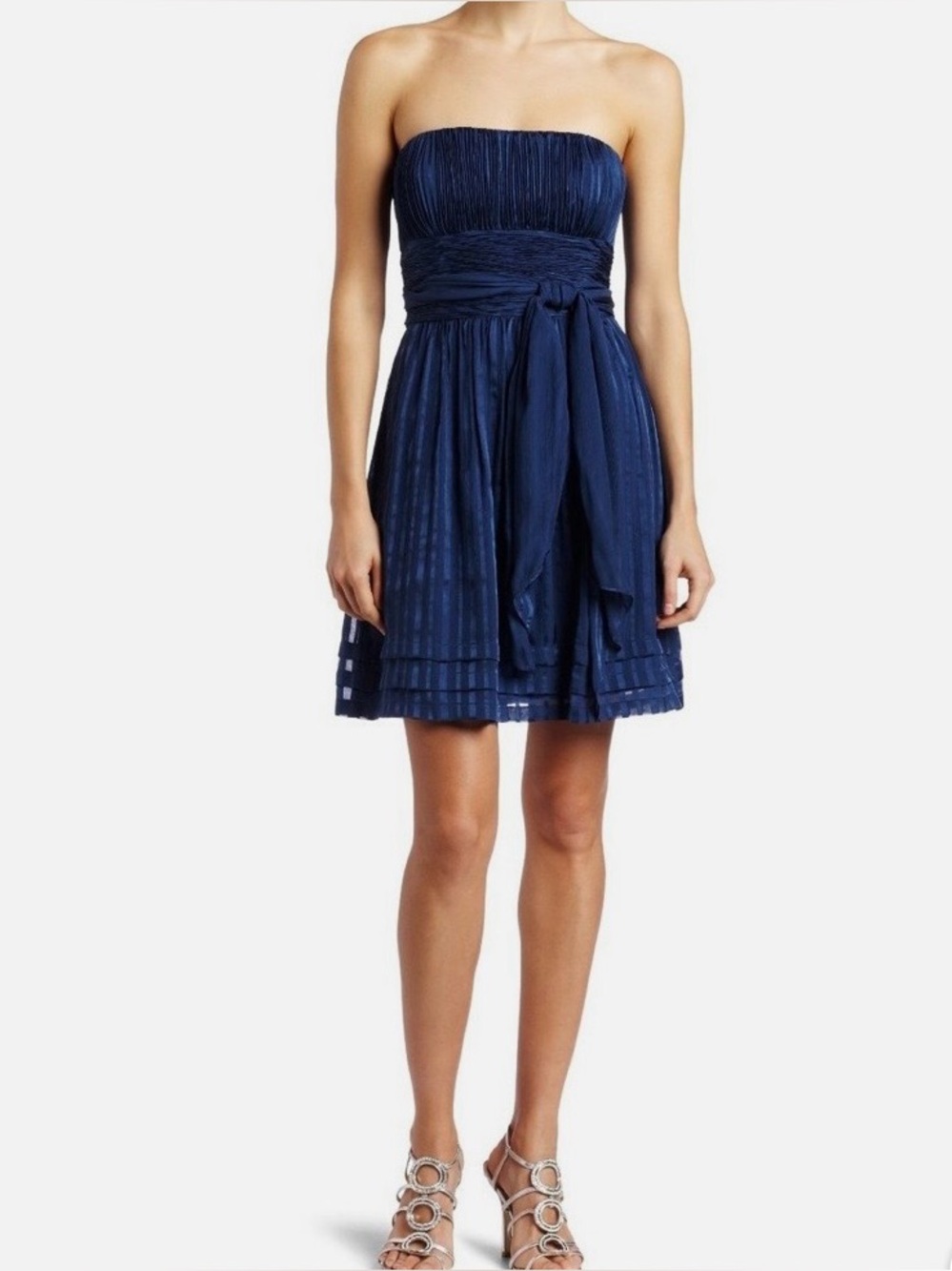 BCBG Max Azria Women’s 100% Silk Strapless Cocktail Dress Pleated Ink Blue Sz 12